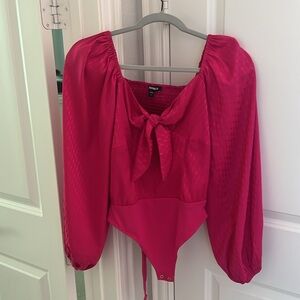 Express Hot Pink Magenta Satin Jacquard Balloon Sleeve Bodysuit, S NWT